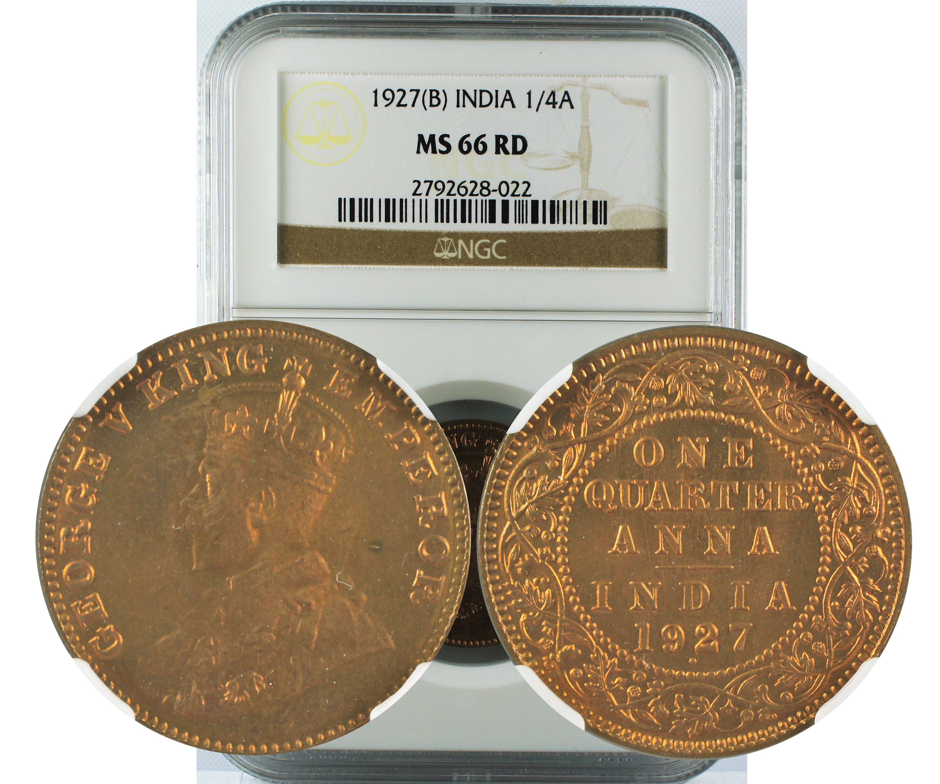 1927 B INDIA 1/4ANNA MS66 RD