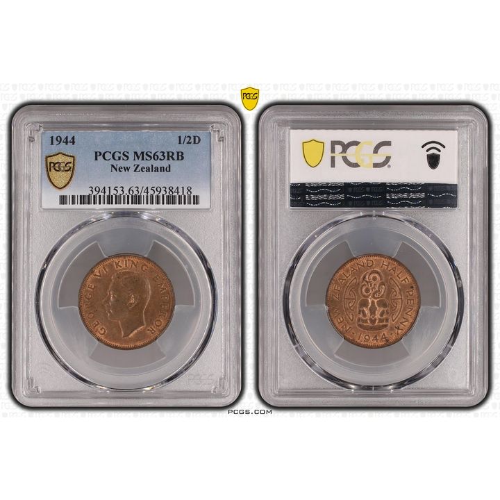 1944 New Zealand Half Penny PCGS - MS63RB -418