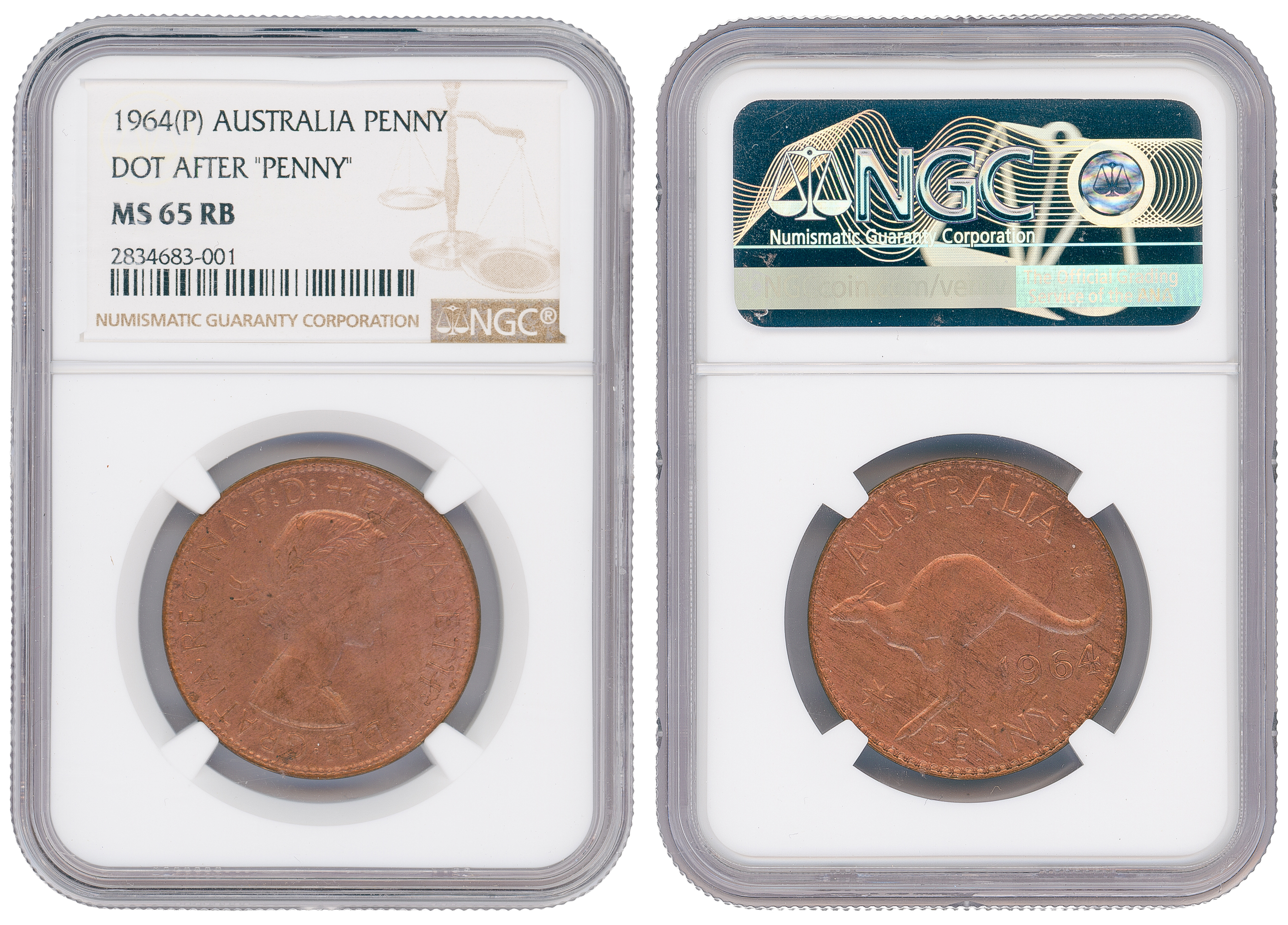 Elizabeth II, Dot After "Penny", One Penny, 1964(p), NGC MS 65RB