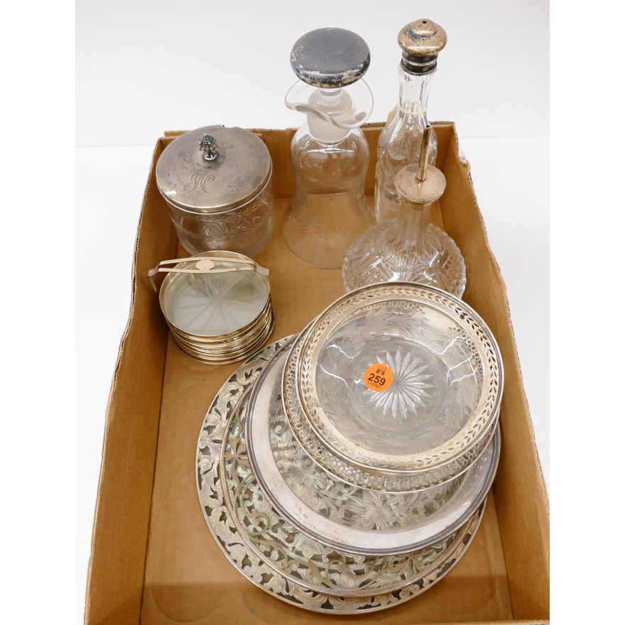Box 10pc Sterling Mounted Glass Serving Pieces
