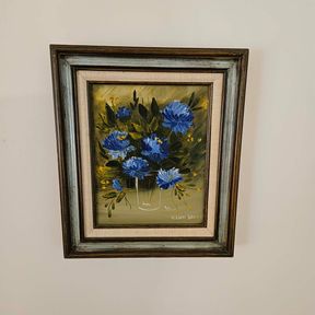 Miriam Ragan Famous Louisiana Artist Bouquet of Blue Flowers Signed Oil on Canvas