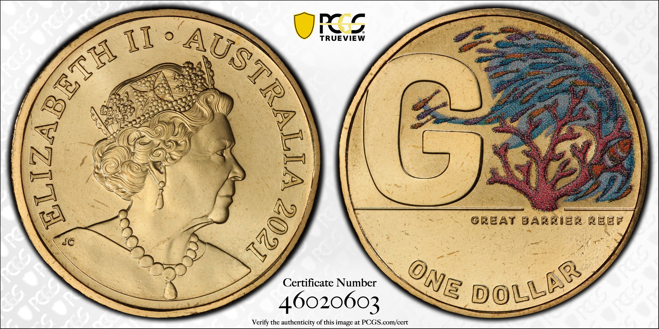G- Great Barrier Reef Colorized Great Aussie Coin Hunt, One Dollar, 2021, PCGS MS67
