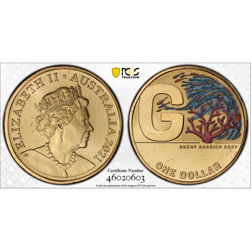 G- Great Barrier Reef Colorized Great Aussie Coin Hunt, One Dollar, 2021, PCGS MS67