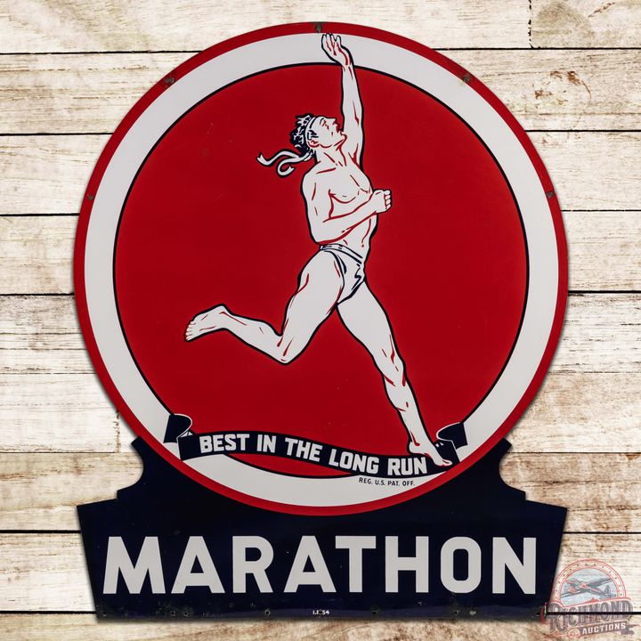 1954 Marathon Best in the Long Run DS Porcelain Keyhole Sign w/ Running Man