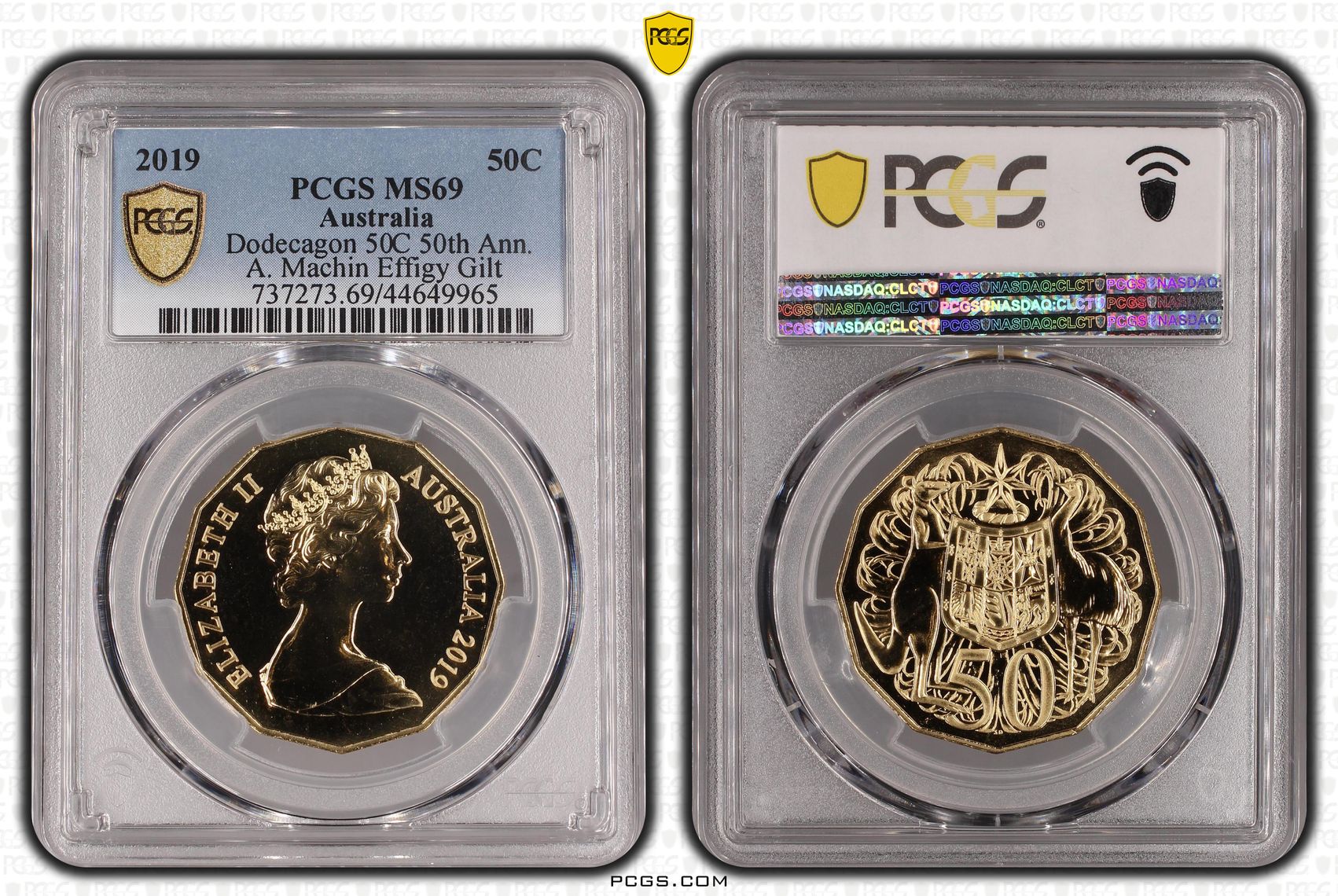 2019 Australia Fifty Cent, 50c Dodecagon 50C 50th Ann. A. Machin Effigy Gilt PCGS - MS69 -965