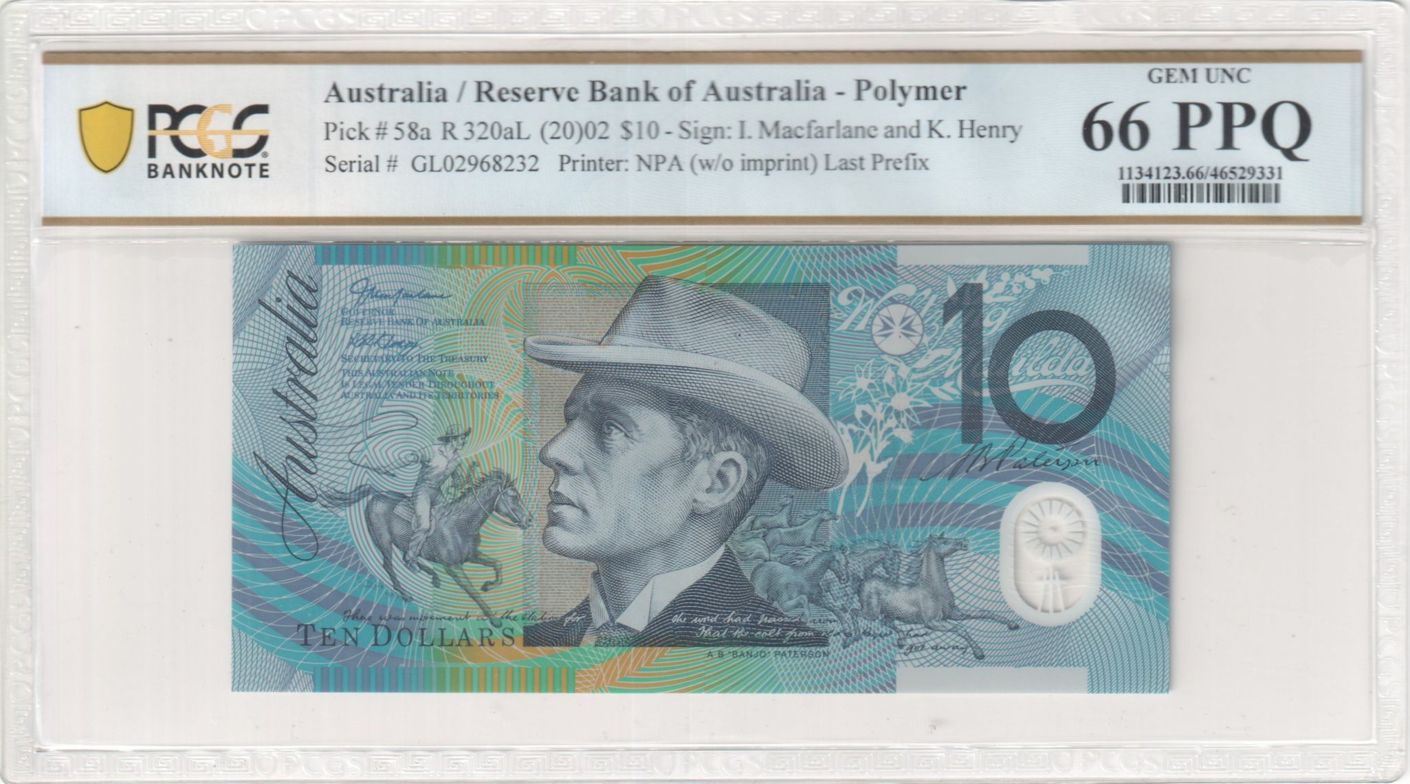 Macfarlane/Henry, Last Prefix, Ten Dollar, 2002, PCGS Gem UNC 66 PPQ