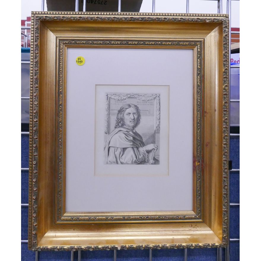 Nicolas Poussin Self Portrait Antique Engraving Framed- 19x16''