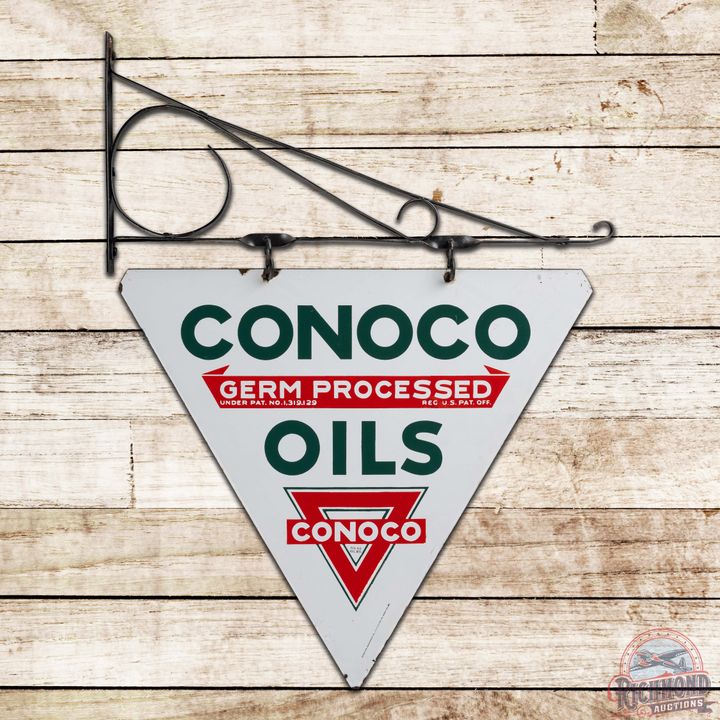 Striking Conoco "Germ Processed Oils" Double Sided Porcelain Sign w/ Logo & Bracket