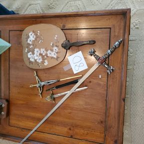 Decorative sword (damaged), letter openers, old fan