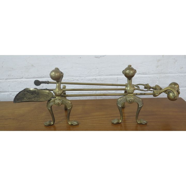SET OF ANDIRONS AND FIRE IRONS