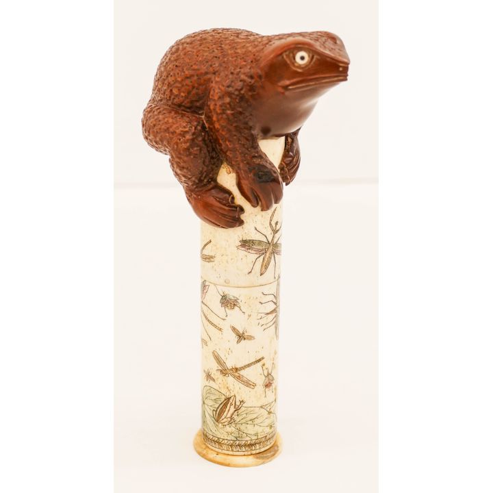Japanese Frog Decorated Bone Scroll Case 7''x3.5''