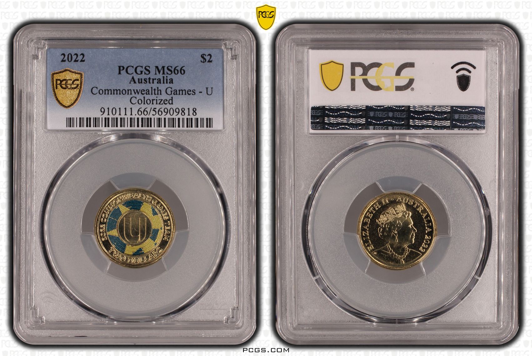 Commonwealth Games - U Colourised, Two Dollar, 2022, PCGS MS66