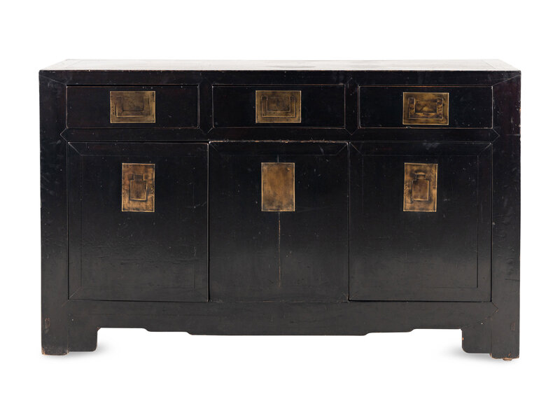 A Chinese Style Black Lacquered and Brass Mounted Console Cabinet