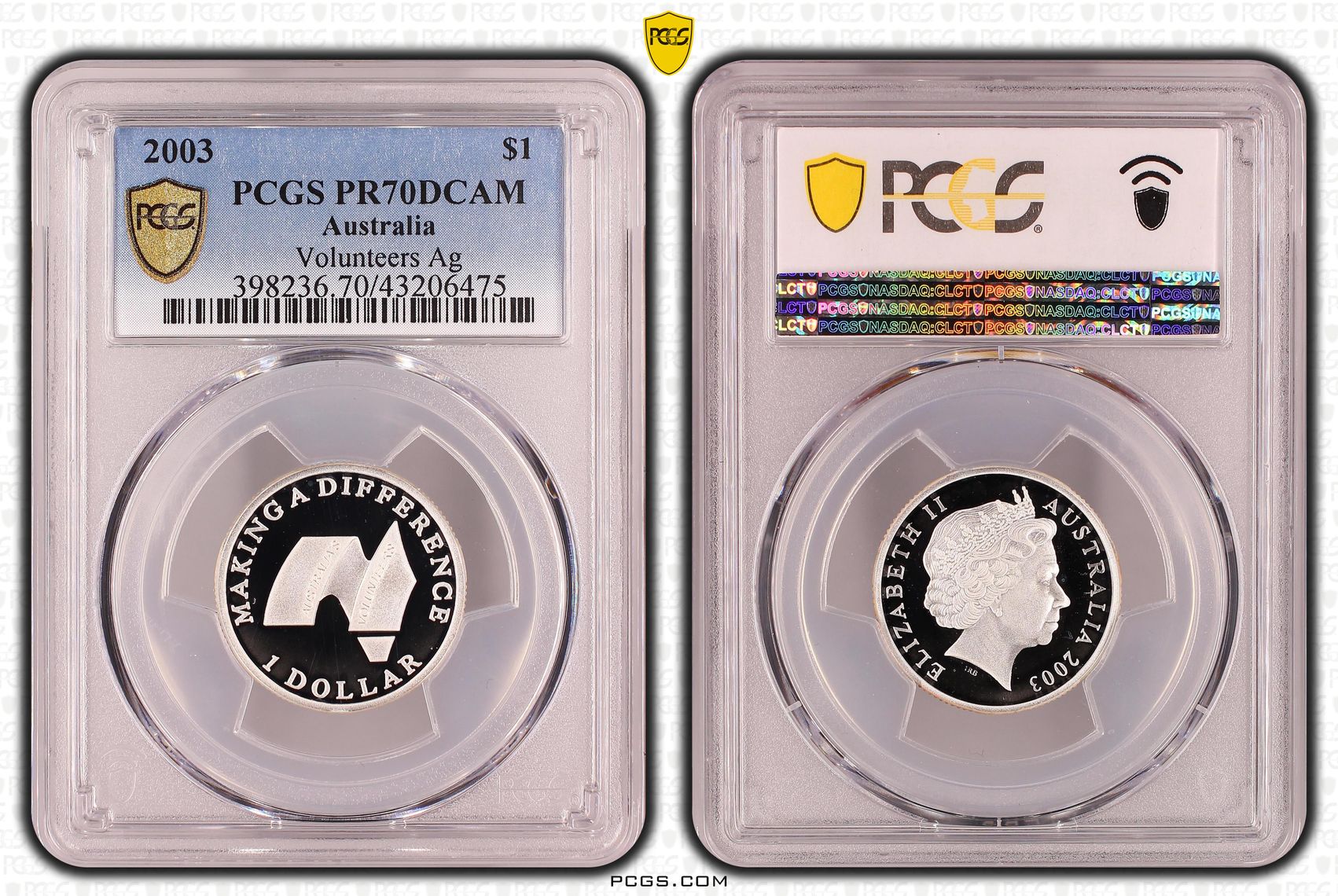2003 Australia One Dollar, $1 Silver Proof Volunteer Ag PCGS - PR70DCAM POP 9/0 -475