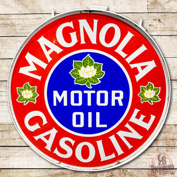 40" Magnolia Gasoline Motor Oil & 3-Flower Logo Double Sided Porcelain Sign & Ring TAC 9.25 & 9