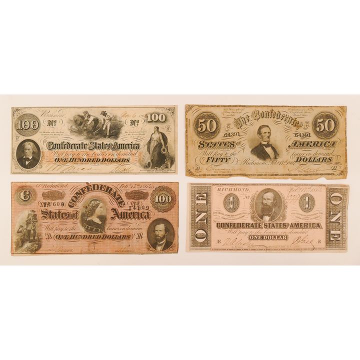 4pc Civil War Confederate States Banknotes