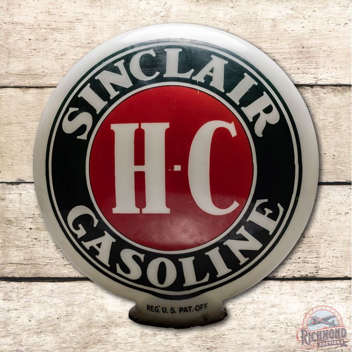 1920's Sinclair H-C Gasoline One Piece Baked Milk Glass Gas Pump Globe