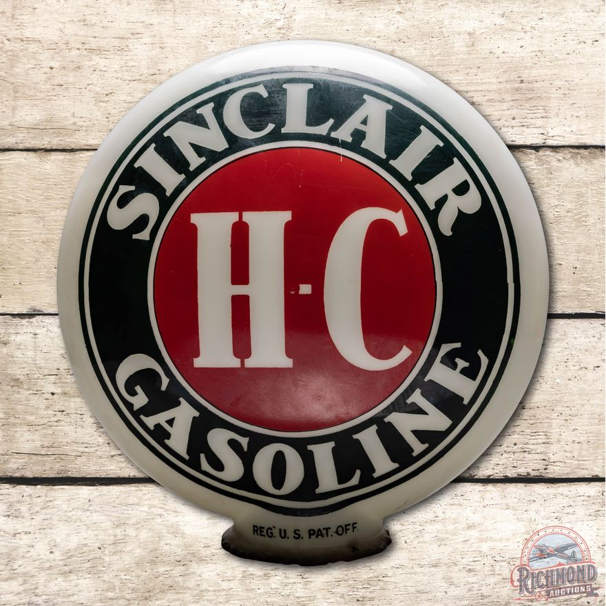 1920's Sinclair H-C Gasoline One Piece Baked Milk Glass Gas Pump Globe