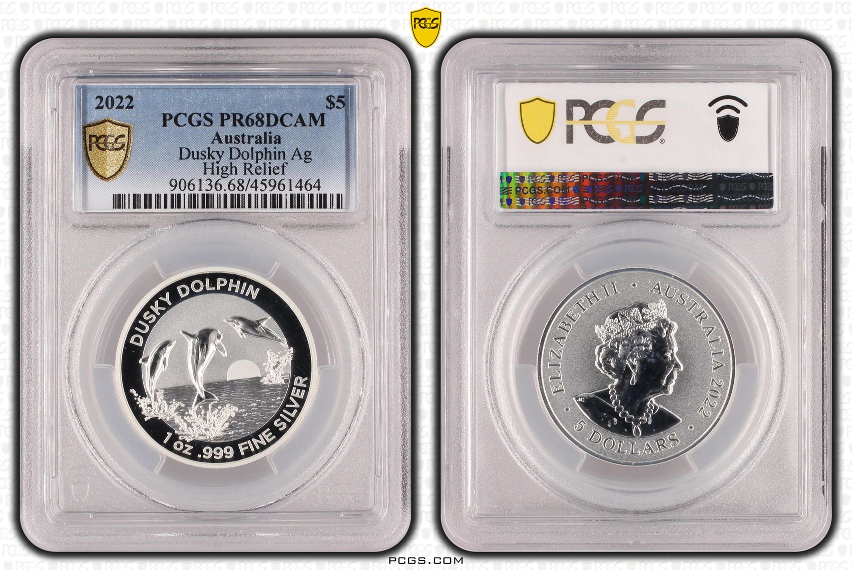 Dusky Dolphin Ag, Five Dollar, 2022, PCGS PR68DCAM