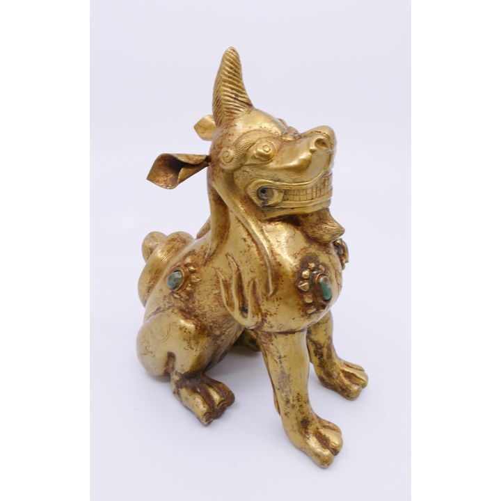 Old Chinese Gilt Metal Foo Lion Figure- 5''