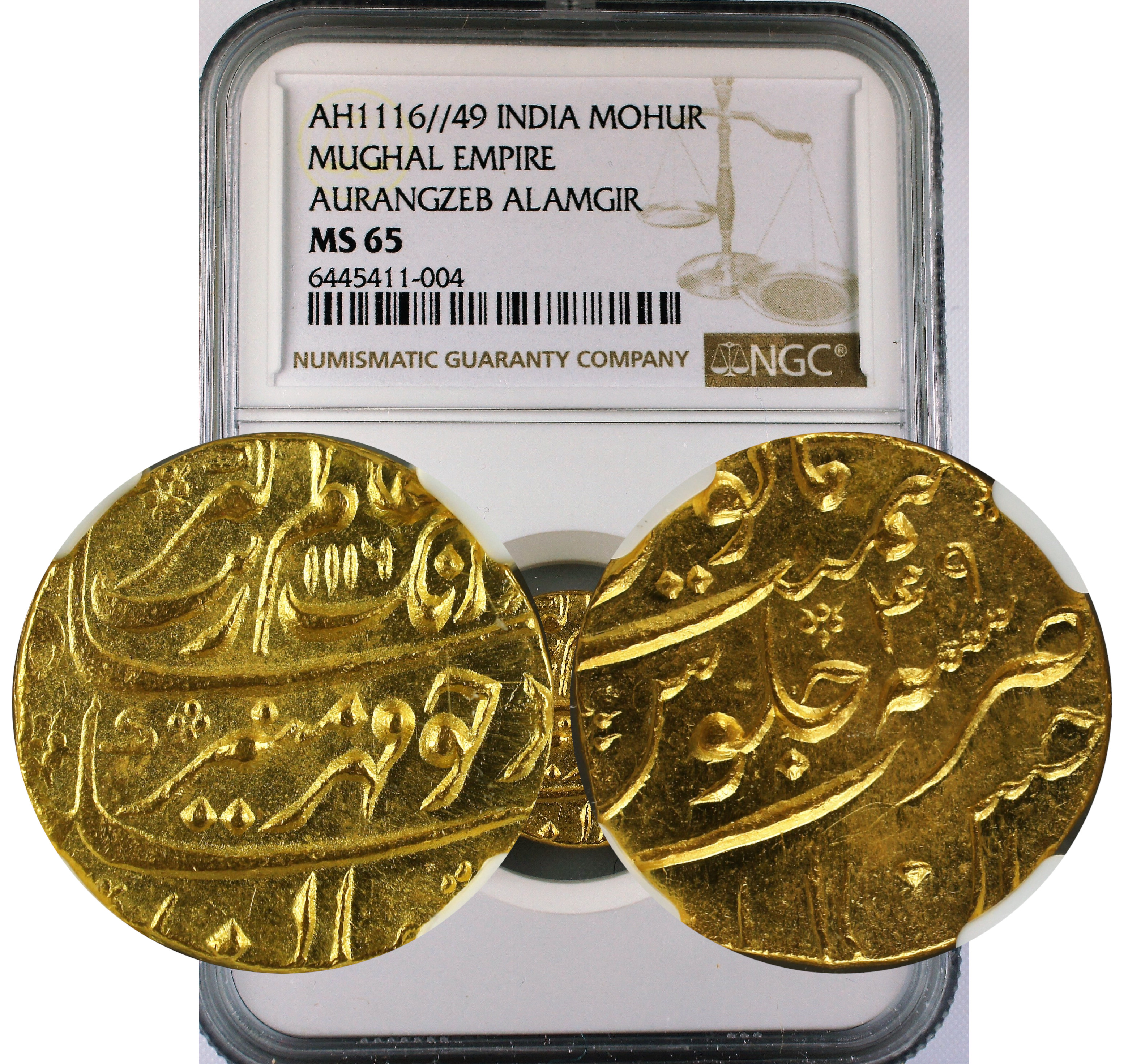 AH 1116//49 INDIA MOHUR MUGHAL-AURANGZEB MS65