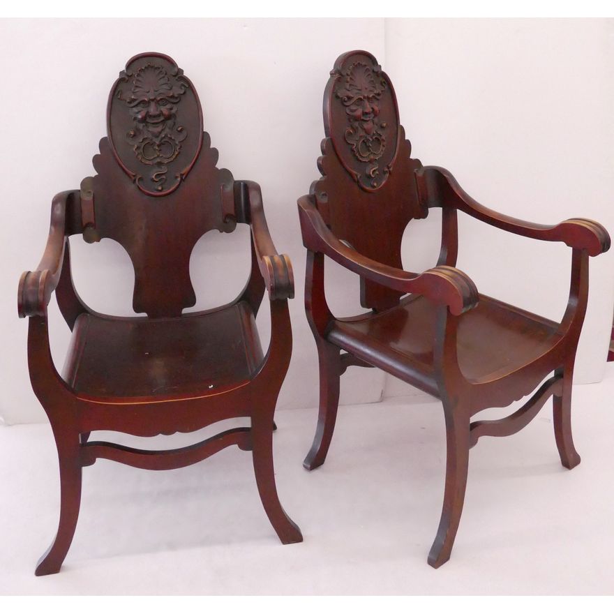 Pair Antique Carved Mahogany North Wind Curule Armchairs- 46x24x24'' each