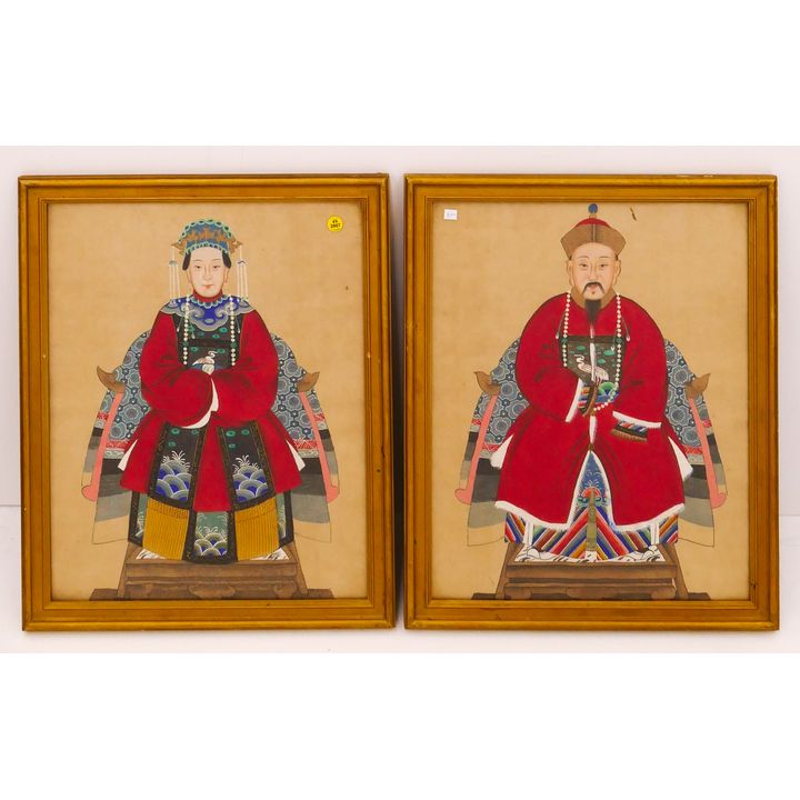 Pair Old Chinese Ancestral Portraits Framed- 22x18''