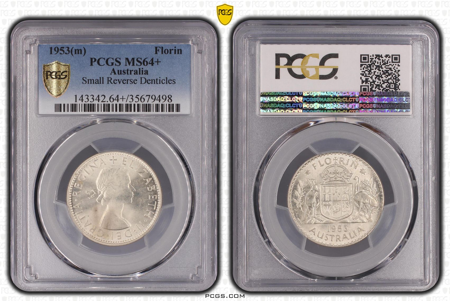 1953(m) Australia Florin Silver Small Reverse Denticles PCGS - MS64+ -498