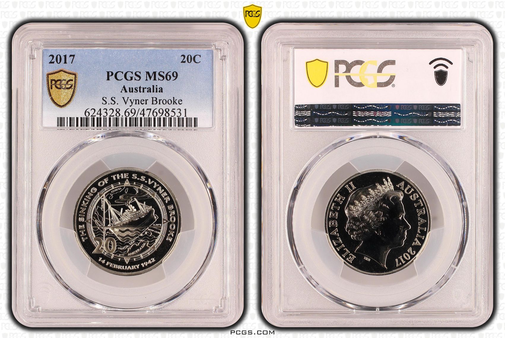 Elizabeth II, Sinking of the S.S. Vyner Brooke, Pop 13/0, Twenty Cent, 2017, PCGS MS69