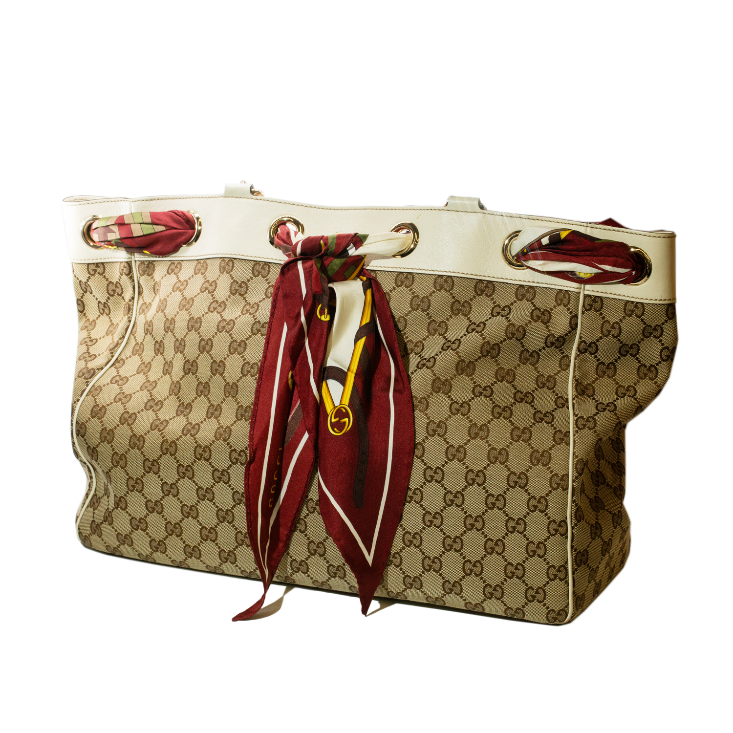 Gucci GG Canvas Abbey Tote Bag – Cream Trim with Silk Scarf Accent
