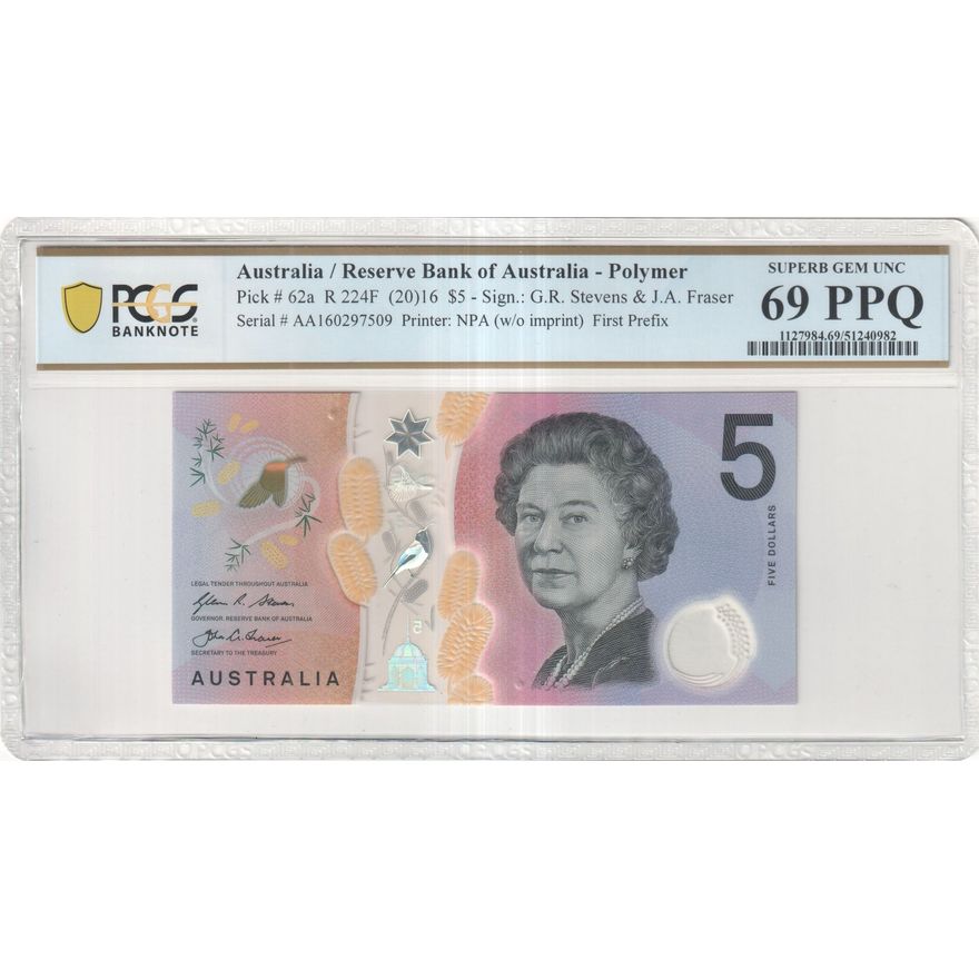 Stevens/Fraser, First Prefix, Five Dollar, 2016, PCGS Superb Gem UNC 69 PPQ