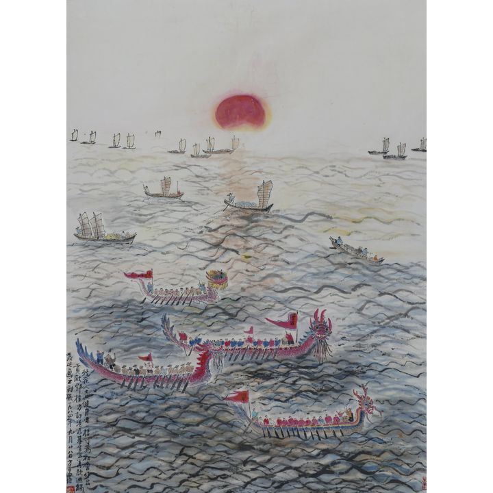Fang Zhaolin ''Dragon Boats Seascape'' Scroll Painting
