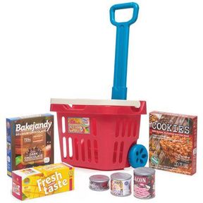 Toy Chef Rolling Shopping Basket With Canned Goods and Meal Set|