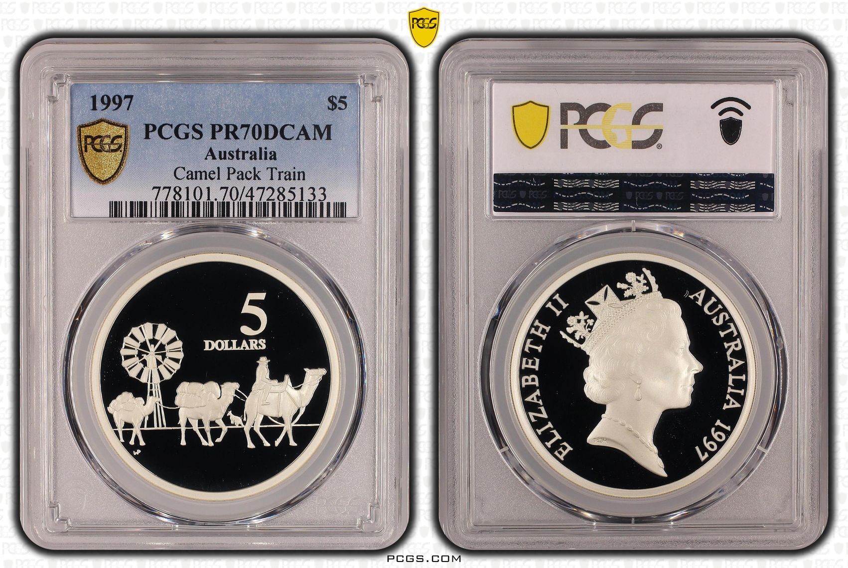 Elizabeth II, Camel Pack Train, Pop 12/0, Five Dollar, 1997, PCGS PR70DCAM
