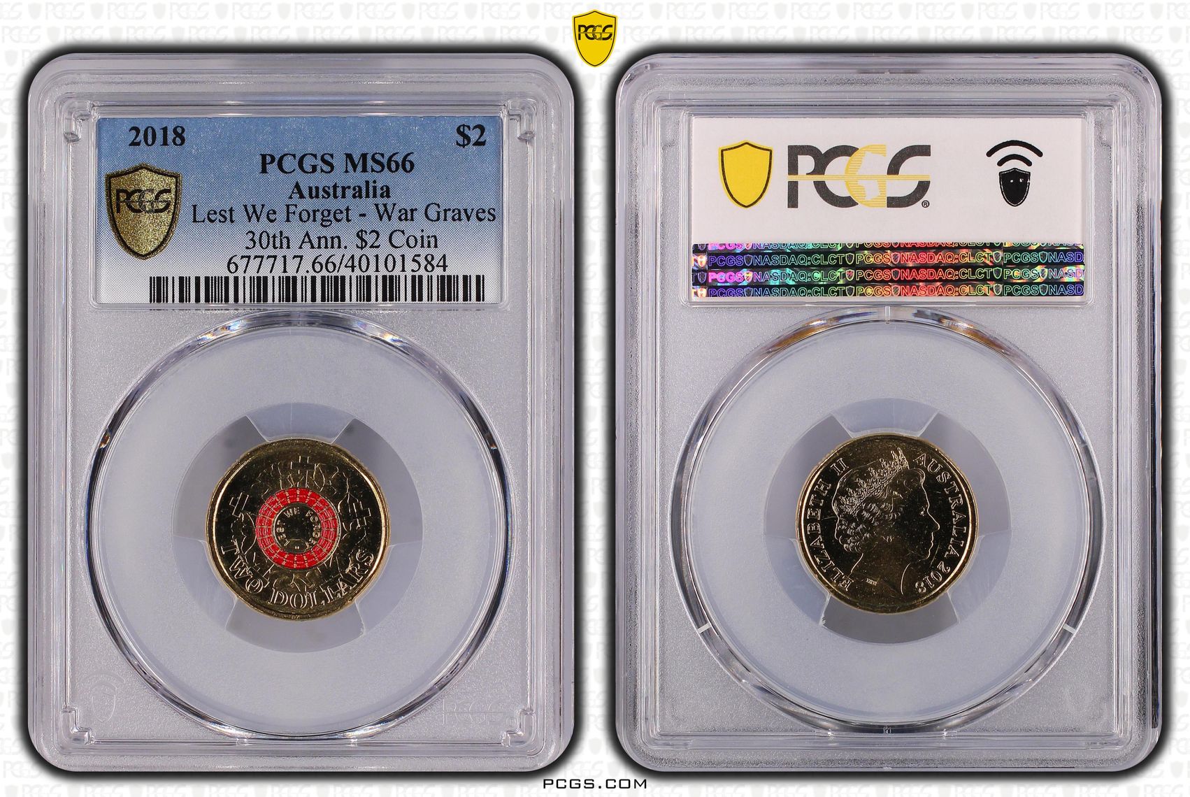 Lest We Forget - War Graves 30th Ann. $2 Coin Colourised, Two Dollar, 2018, PCGS MS66
