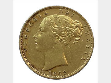 1862 VICTORIA YOUNG HEAD SHIELD GOLD SOVEREIGN (POSSIBLE OVER STRIKE in DEI)