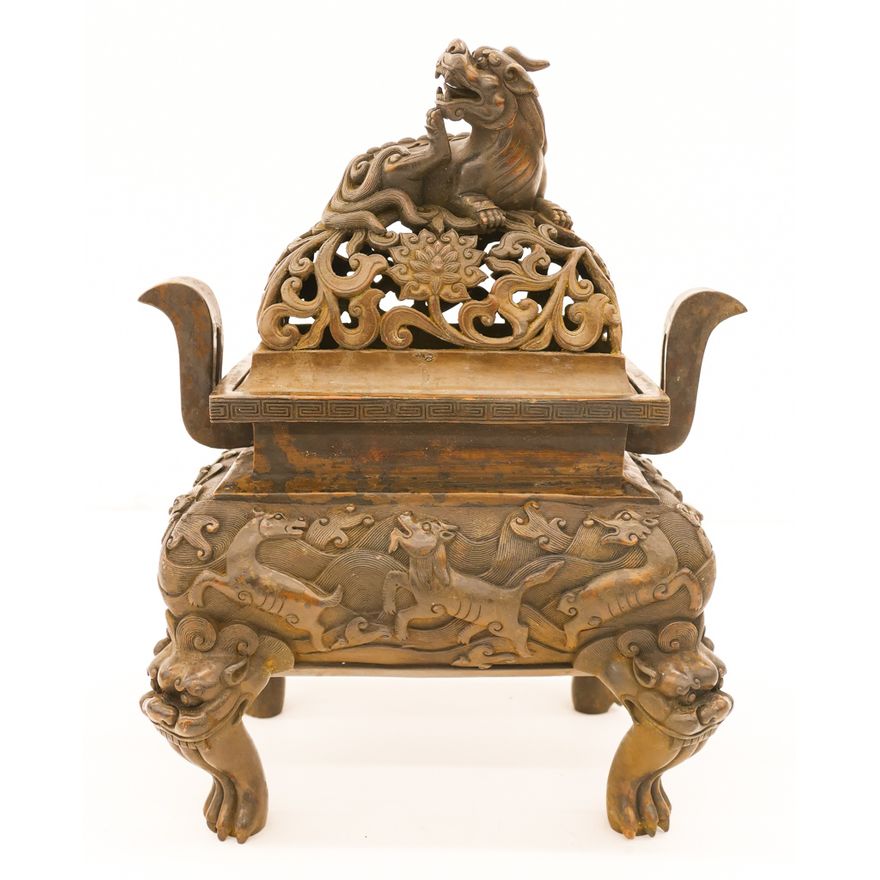 Chinese Bronze Fang Ding Censer