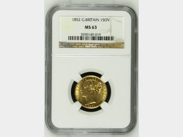 1852 VICTORIA SHIELD GOLD SOVEREIGN MS63