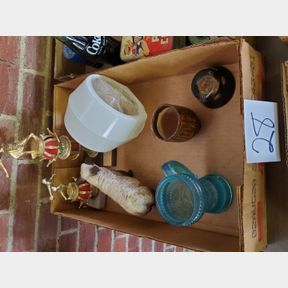 ceramic sheep, blue carnival type cup, other misc