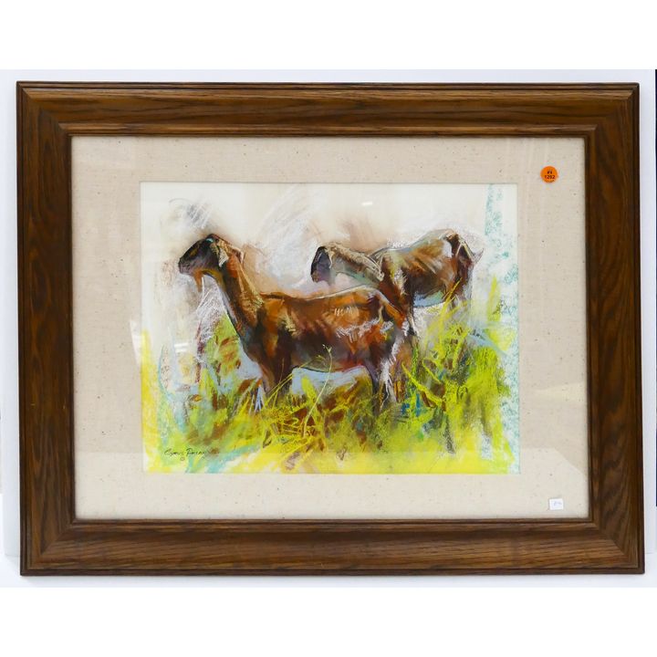 Cyrus Afsary 'Goats' Pastel Painting Framed- 23x29''