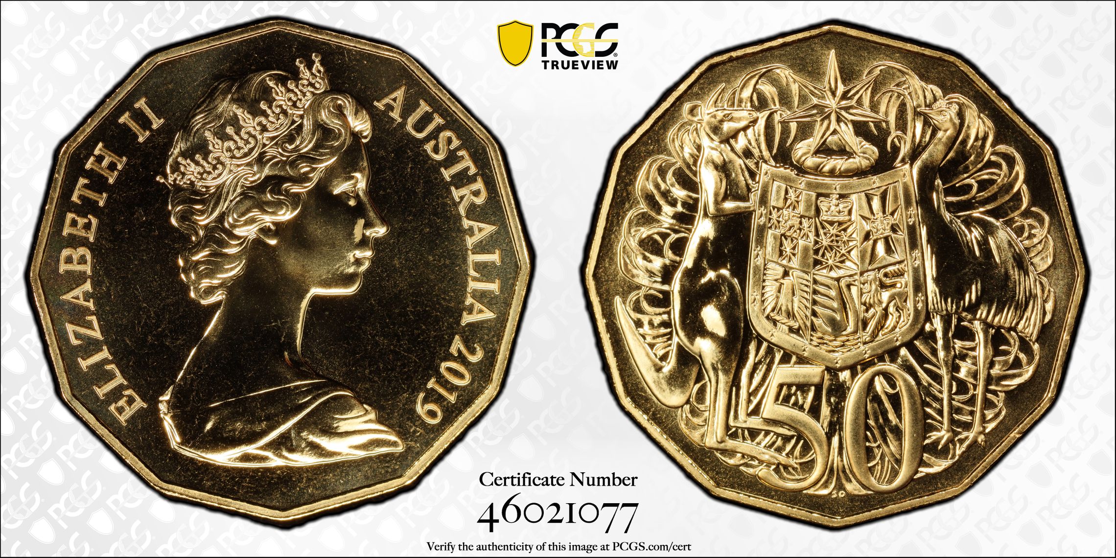 403 · Dodecagon 50C 50th Ann. A. Machin Effigy Gilt, Fifty Cent, 2019, PCGS MS69