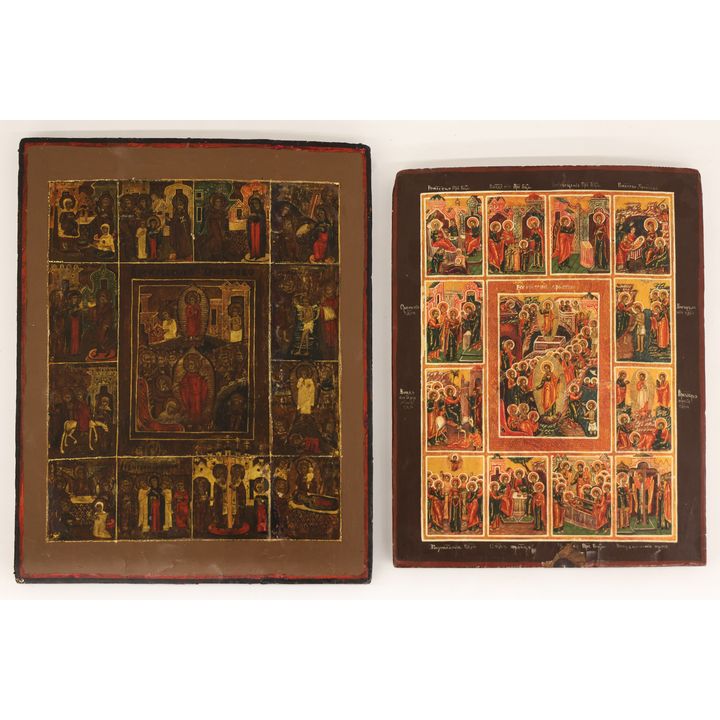 2pc Old Russian Wood Icons of the Twelve Feasts