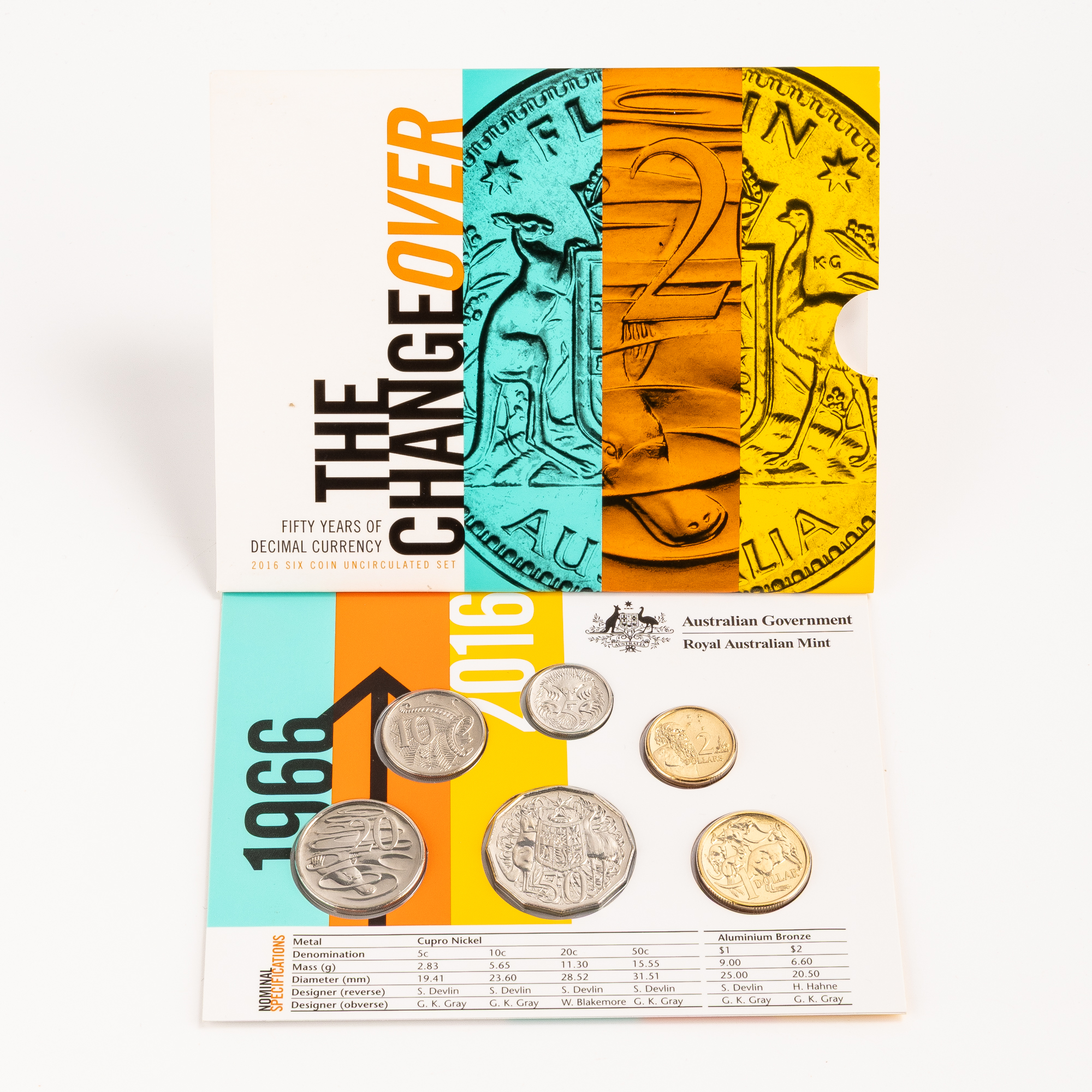 13 · Elizabeth II, The Changeover - Fifty Years of Decimal Currency, Five Cents - Two Dollars, 2016,  UNC
