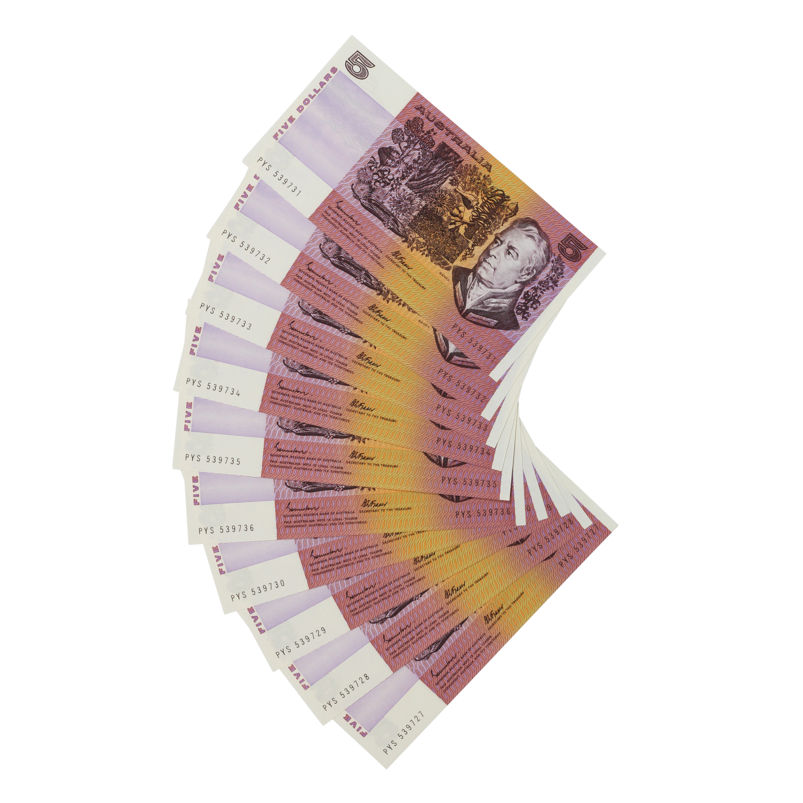 1996. · Consecutive Run, Johnston/Fraser,  Five Dollars, 1985, aUNC