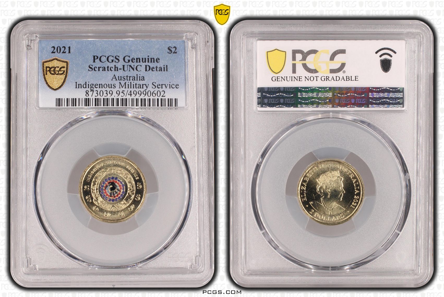 Indigenous Military Service Colourised, Two Dollar, 2021, PCGS Genuine - UNC Details (95 - Scratch)