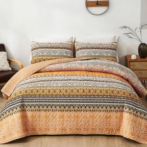 WONGS BEDDING BOHO FALL QUILT KING SIZE(104"X90"),3 PIECES ORANGE BOHEMIAN KING QUILT LIGHTWEIGHT MICROFIBER BED DECOR COVERLET BE