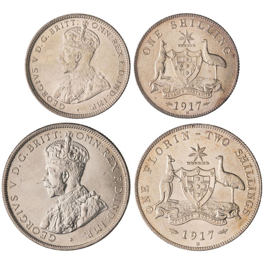 George V, Shilling - Florin, 1917-M,  gEF - UNC