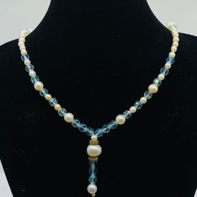 ELEGANT SALTWATER PEARL AND AQUAMARINE CRYSTAL DROP NECKLACE - 50692/226