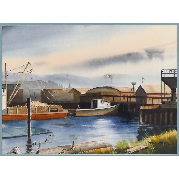 Kenn E. Johnson ''Fishing Boat Harbor'' Watercolor