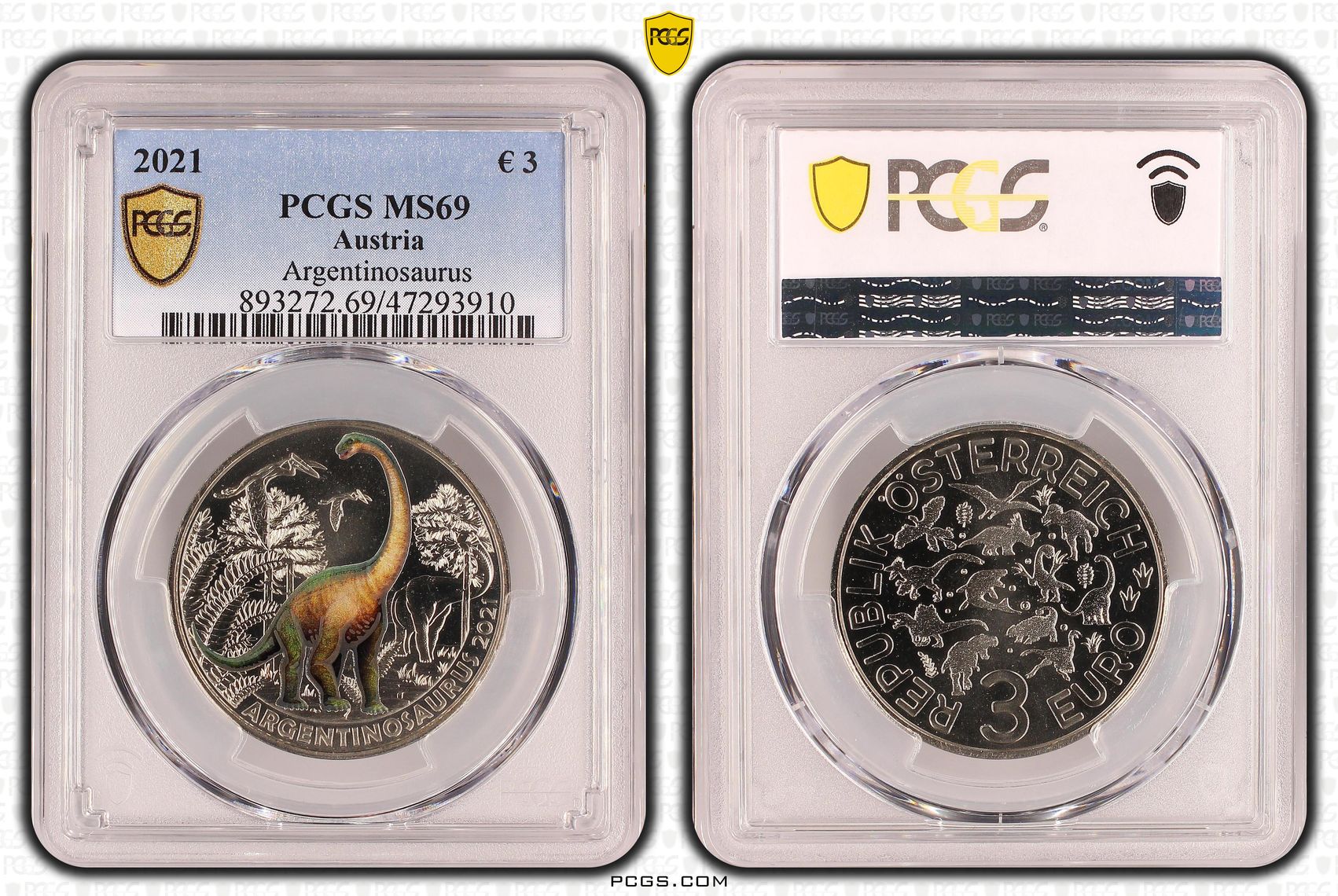 Austria, Argentinosaurus , 3 Euro, 2021, PCGS MS69